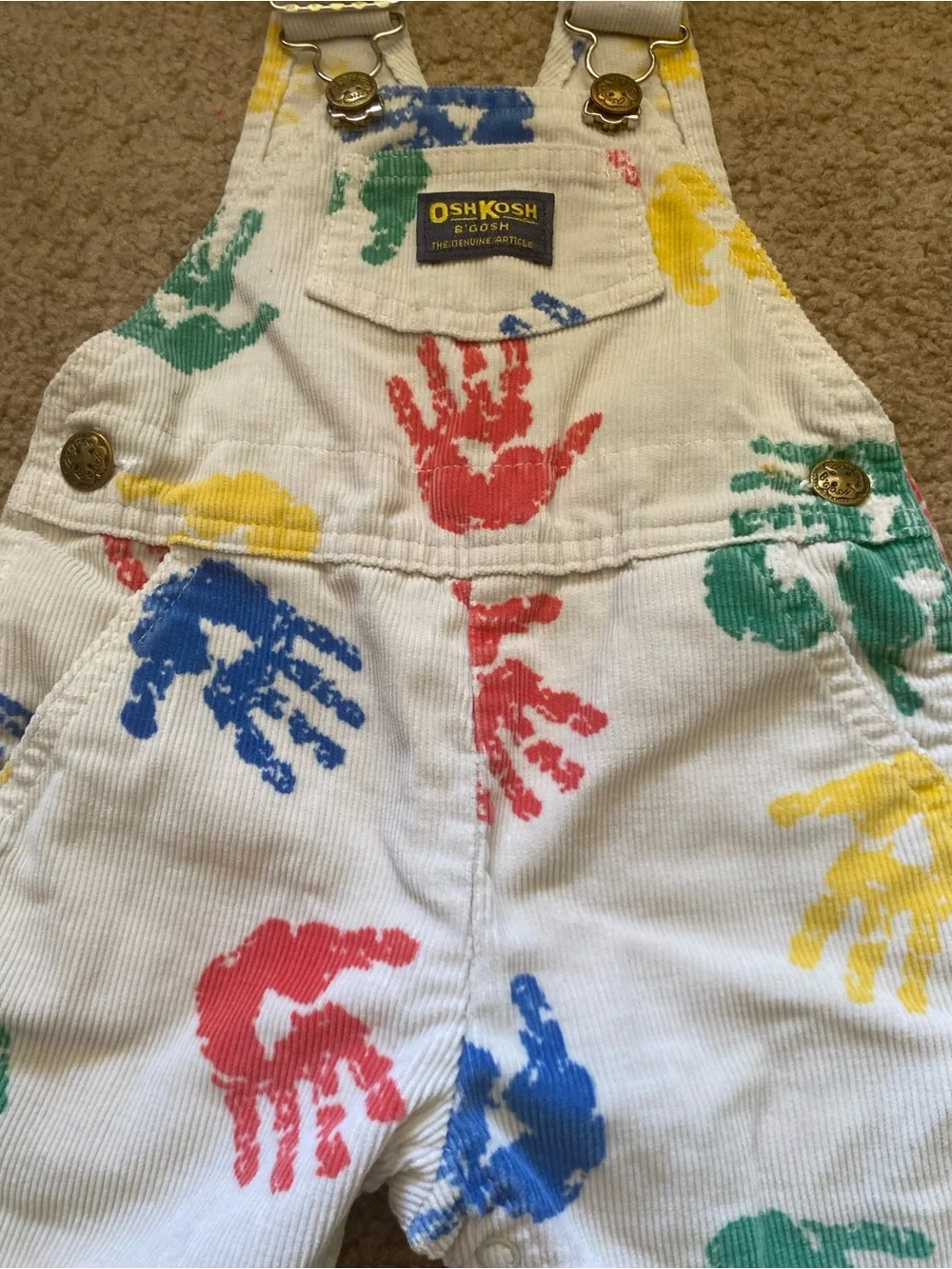 VTG 90s Oshkosh Handprint Corduroy Overalls 12 M White Vestback Made in USA